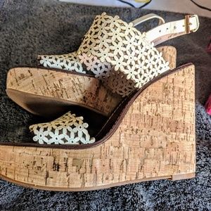 Tory Burch white floral Cork Wedge Sandals sz 8